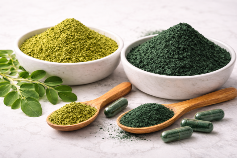 Polvo de hojas de Moringa oleifera y polvo de Spirulina máxima